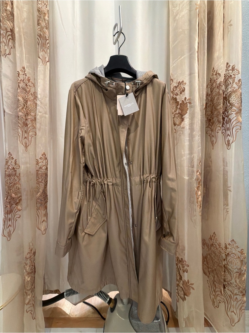 MARELLA Hooded Drawstring Trench Coat in Beige